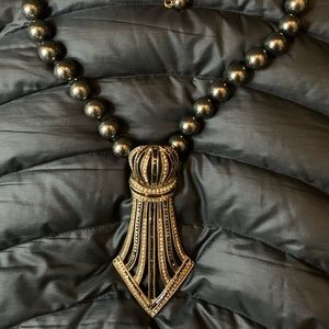 Heidi Daus Bronze & Black Necklace Faux Pearls with Crystal Drop Pendant